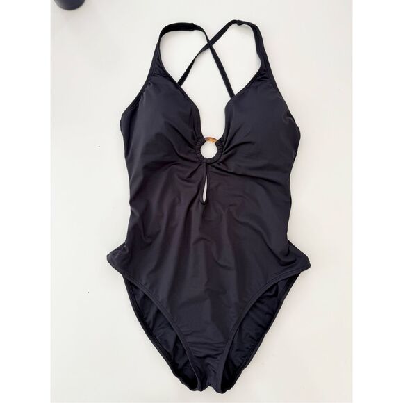 Bleu Rod Beattie Other - Bleu Rod Beattie Womens Black Ring Me Up One Piece Plunge Swimsuit Size 12 NWT